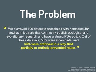 The Problem
We surveyed 100 datasets associated with nonmolecular
studies in journals that commonly publish ecological and...
