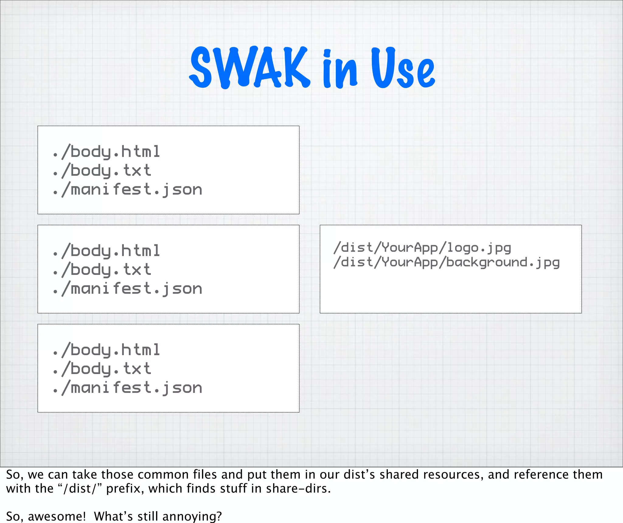 SWAK in Use
       ./body.html
       ./body.txt
       ./manifest.json



       ./body.html                                   /dist/YourApp/logo.jpg
                                                     /dist/YourApp/background.jpg
       ./body.txt
       ./manifest.json



       ./body.html
       ./body.txt
       ./manifest.json




So, we can take those common files and put them in our dist’s shared resources, and reference them
with the “/dist/” prefix, which finds stuff in share-dirs.

So, awesome! What’s still annoying?
 