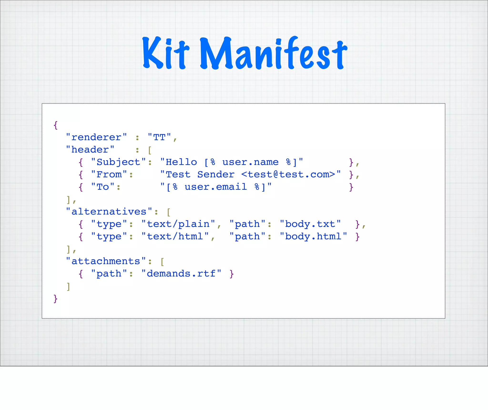 Kit Manifest
{
    "renderer" : "TT",
    "header"     : [
       { "Subject": "Hello [% user.name %]"        },
       { "From":     "Test Sender <test@test.com>" },
       { "To":       "[% user.email %]"            }
    ],
    "alternatives": [
       { "type": "text/plain", "path": "body.txt" },
       { "type": "text/html", "path": "body.html" }
    ],
    "attachments": [
       { "path": "demands.rtf" }
    ]
}
 