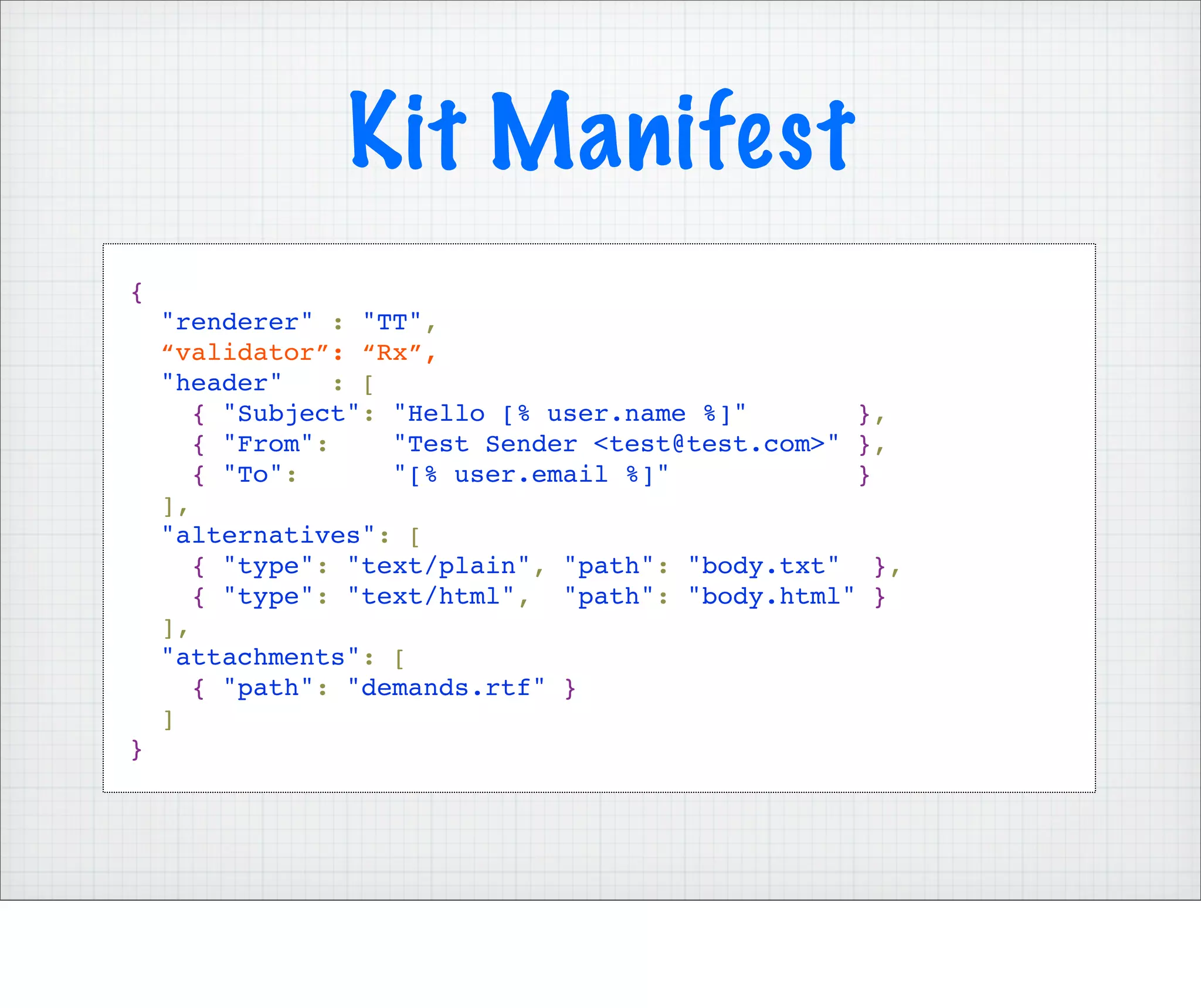 Kit Manifest
{
    "renderer" : "TT",
    “validator”: “Rx”,
    "header"     : [
       { "Subject": "Hello [% user.name %]"        },
       { "From":     "Test Sender <test@test.com>" },
       { "To":       "[% user.email %]"            }
    ],
    "alternatives": [
       { "type": "text/plain", "path": "body.txt" },
       { "type": "text/html", "path": "body.html" }
    ],
    "attachments": [
       { "path": "demands.rtf" }
    ]
}
 