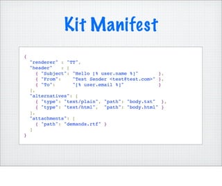 Kit Manifest
{
    "renderer" : "TT",
    "header"     : [
       { "Subject": "Hello [% user.name %]"        },
       { "From":     "Test Sender <test@test.com>" },
       { "To":       "[% user.email %]"            }
    ],
    "alternatives": [
       { "type": "text/plain", "path": "body.txt" },
       { "type": "text/html", "path": "body.html" }
    ],
    "attachments": [
       { "path": "demands.rtf" }
    ]
}
 