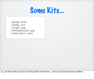 Some Kits...
          ./body.html
          ./body.txt
          ./logo.jpg
          ./background.jpg
          ./manifest.json




so, you love mkits and you’re writing them all the time... now you start having this problem...
 