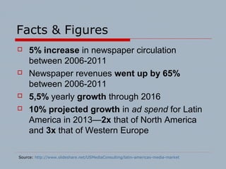 Facts & Figures
 5% increase in newspaper circulation
between 2006-2011
 Newspaper revenues went up by 65%
between 2006-2011
 5,5% yearly growth through 2016
 10% projected growth in ad spend for Latin
America in 2013—2x that of North America
and 3x that of Western Europe
Source: http://www.slideshare.net/USMediaConsulting/latin-americas-media-market
 