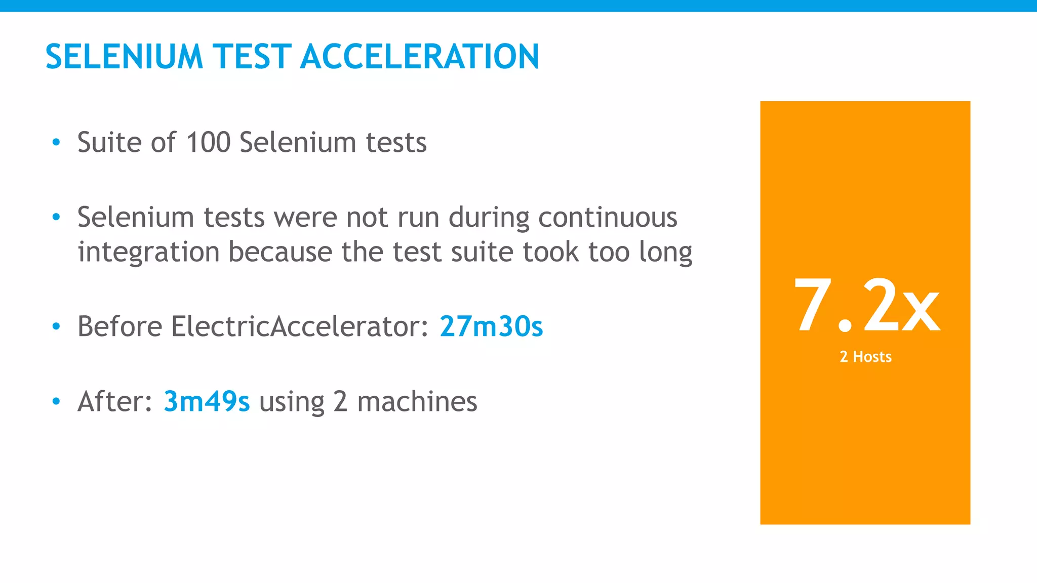 SELENIUM TEST ACCELERATION
• Suite of 100 Selenium tests
• Selenium tests were not run during continuous
integration because the test suite took too long
• Before ElectricAccelerator: 27m30s
• After: 3m49s using 2 machines
7.2x2 Hosts
 