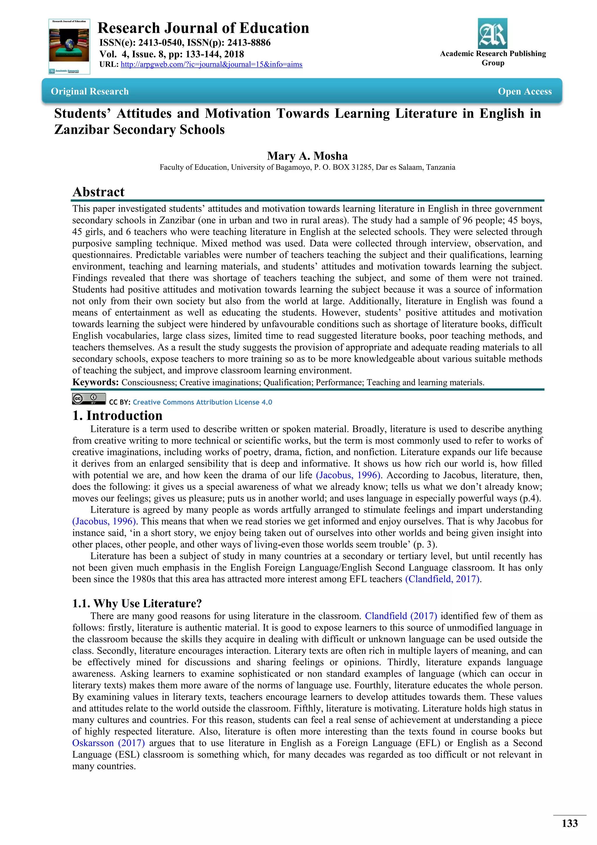 Students’ Attitudes and Motivation Towards Learning Literature in ...