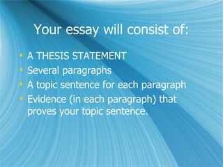 Your essay will consist of: A THESIS STATEMENT Several paragraphs  A topic sentence for each paragraph Evidence (in each paragraph) that proves your topic sentence.  