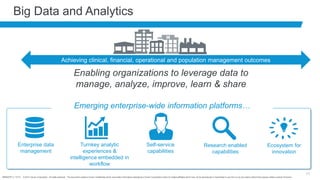 BRNDEXP 2.1 0714 © 2014 Cerner Corporation. All rights reserved. This document contains Cerner confidential and/or proprietary information belonging to Cerner Corporation and/or its related affiliates which may not be reproduced or transmitted in any form or by any means without the express written consent of Cerner.
11
Big Data and Analytics
Enabling organizations to leverage data to
manage, analyze, improve, learn & share
Emerging enterprise-wide information platforms…
Enterprise data
management
Turnkey analytic
experiences &
intelligence embedded in
workflow
Self-service
capabilities
Research enabled
capabilities
Ecosystem for
innovation
Achieving clinical, financial, operational and population management outcomes
 