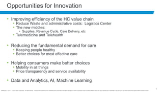 BRNDEXP 2.1 0714 © 2014 Cerner Corporation. All rights reserved. This document contains Cerner confidential and/or proprietary information belonging to Cerner Corporation and/or its related affiliates which may not be reproduced or transmitted in any form or by any means without the express written consent of Cerner.
8
Opportunities for Innovation
• Improving efficiency of the HC value chain
• Reduce Waste and administrative costs: Logistics Center
• The new middles:
• Supplies, Revenue Cycle, Care Delivery, etc
• Telemedicine and Telehealth
• Reducing the fundamental demand for care
• Keeping people healthy
• Better choices for most effective care
• Helping consumers make better choices
• Mobility in all things
• Price transparency and service availability
• Data and Analytics, AI, Machine Learning
 