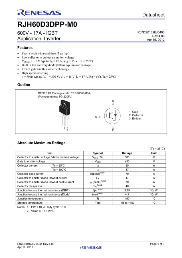Original IGBT RJH60D3DPP -M0 RJH60D3 600V 17A TO-220 New | PDF