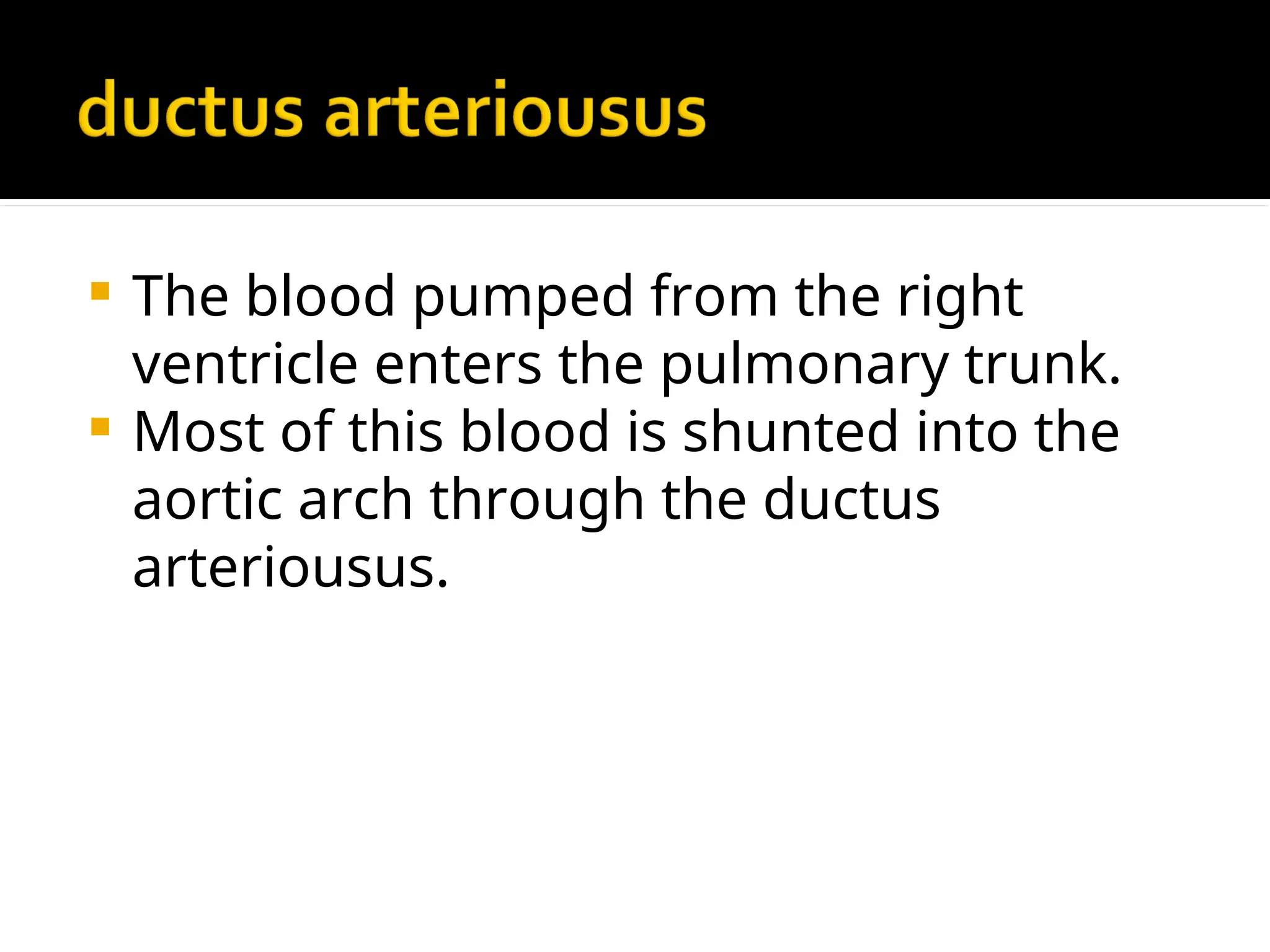  The blood pumped from the right
ventricle enters the pulmonary trunk.
 Most of this blood is shunted into the
aortic arch through the ductus
arteriousus.
 