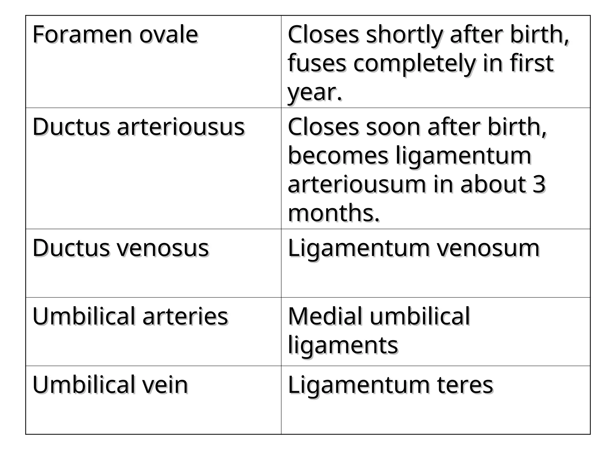 Foramen ovale
Foramen ovale Closes shortly after birth,
Closes shortly after birth,
fuses completely in first
fuses completely in first
year.
year.
Ductus arteriousus
Ductus arteriousus Closes soon after birth,
Closes soon after birth,
becomes ligamentum
becomes ligamentum
arteriousum in about 3
arteriousum in about 3
months.
months.
Ductus venosus
Ductus venosus Ligamentum venosum
Ligamentum venosum
Umbilical arteries
Umbilical arteries Medial umbilical
Medial umbilical
ligaments
ligaments
Umbilical vein
Umbilical vein Ligamentum teres
Ligamentum teres
 