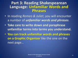 Part 3: Reading Shakespearean
Language: Unfamiliar Words and
Phrases
Based on Holt McDougal Literature Grade
9, Unit 10
24
• In reading Romeo & Juliet, you will encounter
a number of unfamiliar words and phrases.
• Take care to write down and paraphrase
unfamiliar terms into terms you understand.
• You can track unfamiliar words and phrases
on a Graphic Organizer like the one on the
next page…
 