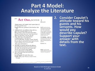 Part 4 Model:
Analyze the Literature
Based on Holt McDougal Literature Grade
9, Unit 10
35
2. Consider Capulet’s
attitude toward his
guests and his
servants. How
would you
describe Capulet?
Support your
answer with
details from the
text.
 
