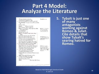 Part 4 Model:
Analyze the Literature
Based on Holt McDougal Literature Grade
9, Unit 10
38
5. Tybalt is just one
of many
antagonists
working against
Romeo & Juliet.
Cite details that
show Tybalt’s
searing hatred for
Romeo.
 