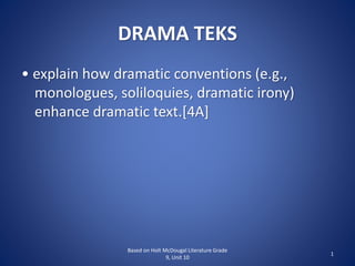 DRAMA TEKS
• explain how dramatic conventions (e.g.,
monologues, soliloquies, dramatic irony)
enhance dramatic text.[4A]
Based on Holt McDougal Literature Grade
9, Unit 10
1
 
