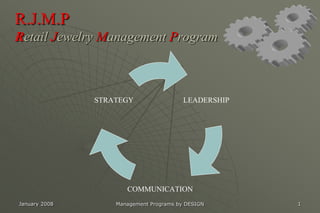 R.J.M.P
Retail Jewelry Management Program



               STRATEGY                  LEADERSHIP




                      COMMUNICATION
January 2008       Management Programs by DESIGN      1
 