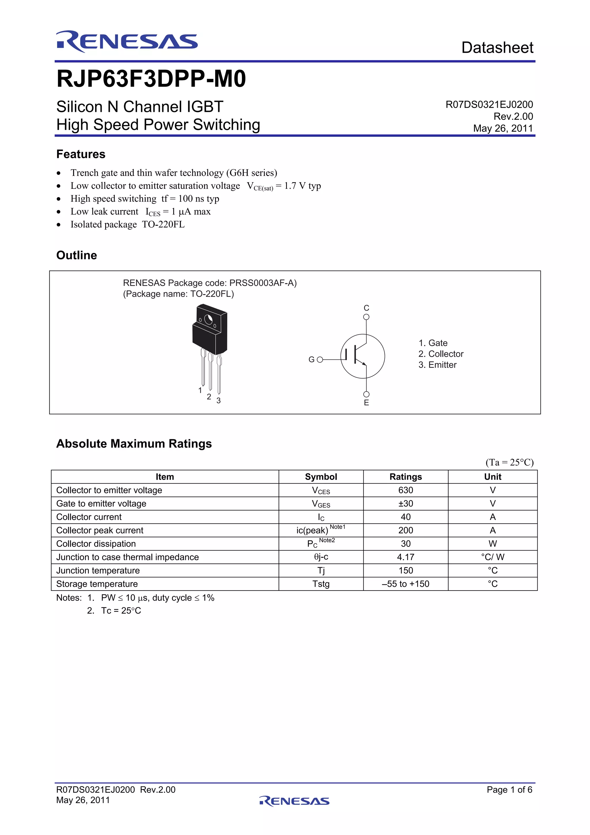 Transistor RJP63F3A RJP63F3 TO-220F - Nuovo Componente Renesas