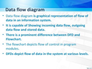 Data flow diagram
• Data flow diagram is graphical representation of flow of
data in an information system.
• It is capable of Showing incoming data flow, outgoing
data flow and stored data.
• There is a prominent difference between DFD and
Flowchart.
• The flowchart depicts flow of control in program
modules.
• DFDs depict flow of data in the system at various levels.
 