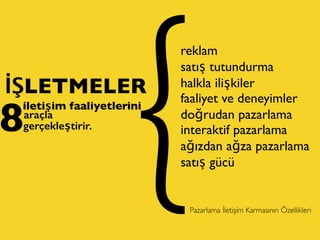 reklam
satış tutundurma
halkla ilişkiler
faaliyet ve deneyimler
doğrudan pazarlama
interaktif pazarlama
ağızdan ağza pazarlama
satış gücü
İŞLETMELER
iletişim faaliyetlerini
araçla
gerçekleştirir.8
Pazarlama İletişim Karmasının Özellikleri
 