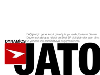 JATO
DYNAMİCS
Değişim için genel kabul görmüş iki yol vardır; Evrim ve Devrim.
Devrim çok daha az risklidir ve Shell BP gibi işletmeler satın alma
ve yeniden konumlandırmayla değişmektedirler.
 