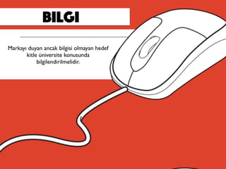 bilgi
Markayı duyan ancak bilgisi olmayan hedef
kitle üniversite konusunda
bilgilendirilmelidir.
 
