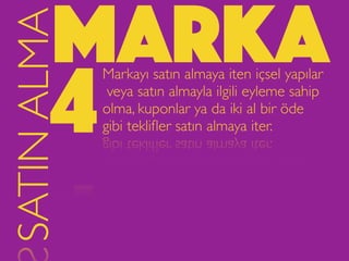 markaSATINALMA
Markayı satın almaya iten içsel yapılar
veya satın almayla ilgili eyleme sahip
olma, kuponlar ya da iki al bir öde
gibi tekliﬂer satın almaya iter.4
 