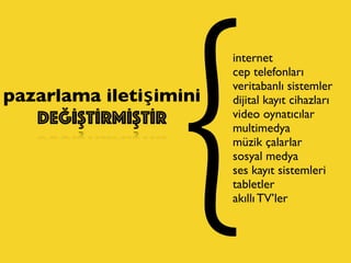 internet
cep telefonları
veritabanlı sistemler
dijital kayıt cihazları
video oynatıcılar
multimedya
müzik çalarlar
sosyal medya
ses kayıt sistemleri
tabletler
akıllı TV’ler
pazarlama iletişimini
DEĞİŞTİRMİŞTİR
 