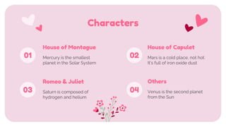 Saturn is composed of
hydrogen and helium
Characters
Mercury is the smallest
planet in the Solar System
House of Montague
Romeo & Juliet
Mars is a cold place, not hot.
It’s full of iron oxide dust
House of Capulet
Venus is the second planet
from the Sun
Others
01 02
03 04
 