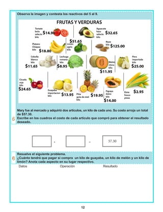 12
Observa la imagen y contesta los reactivos del 5 al 9.
Mary fue al mercado y adquirió dos artículos, un kilo de cada uno. Su costo arroja un total
de $57.30.
Escribe en los cuadros el costo de cada artículo que compró para obtener el resultado
deseado.
+ =
Resuelve el siguiente problema.
¿Cuánto tendrá que pagar si compra un kilo de guayaba, un kilo de melón y un kilo de
limón? Anota cada aspecto en su lugar respectivo.
Datos Operación Resultado
57.30
 