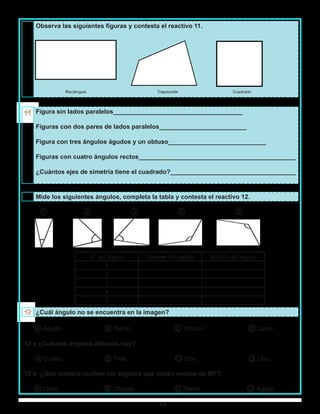 14
Observa las siguientes figuras y contesta el reactivo 11.
Figura sin lados paralelos_____________________________________
Figuras con dos pares de lados paralelos_________________________
Figura con tres ángulos águdos y un obtuso____________________________
Figuras con cuatro ángulos rectos_____________________________________________
¿Cuántos ejes de simetría tiene el cuadrado?____________________________________
Mide los siguientes ángulos, completa la tabla y contesta el reactivo 12.
¿Cuál ángulo no se encuentra en la imagen?
A Agudo B Recto C Obtuso D Llano
12 a ¿Cuántos ángulos obtusos hay?
A Cuatro B Tres C Dos D Uno
12 b ¿Qué nombre reciben los ángulos que miden menos de 90°?
A Llano B Obtuso C Recto D Agudo
N° del ángulo Nombre del ángulo Medida del ángulo
1
2
3
4
5
Rectángulo Trapezoide Cuadrado
1 2 3 4 5
 
