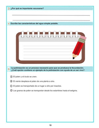 18
¿Por qué es importante vacunarse?
Escribe las características del agua simple potable.
La polinización es un proceso necesario para que se produzca la fecundación.
¿Cuál opción contiene un ejemplo de la polinización con ayuda de un ser vivo?
El polen y el óvulo se unen.
El viento desplaza el polen de una planta a otra.
El polen es transportado de un lugar a otro por insectos.
Los granos de polen se transportan desde los estambres hasta el estigma.
B
A
C
D
 