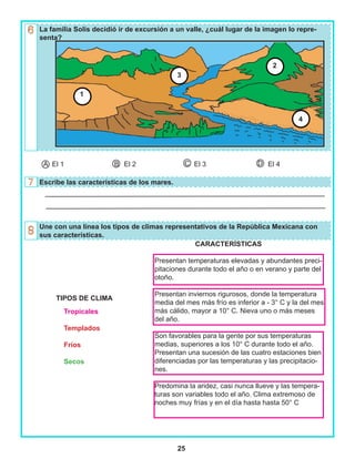 25
La familia Solís decidió ir de excursión a un valle, ¿cuál lugar de la imagen lo repre-
senta?
El 1 El 2 El 3 El 4
Escribe las características de los mares.
Une con una línea los tipos de climas representativos de la República Mexicana con
sus características.
A B C D
1
3
2
4
TIPOS DE CLIMA
Tropicales
Templados
Fríos
Secos
CARACTERÍSTICAS
Presentan temperaturas elevadas y abundantes preci-
pitaciones durante todo el año o en verano y parte del
otoño.
Presentan inviernos rigurosos, donde la temperatura
media del mes más frío es inferior a - 3° C y la del mes
más cálido, mayor a 10° C. Nieva uno o más meses
del año.
Son favorables para la gente por sus temperaturas
medias, superiores a los 10° C durante todo el año.
Presentan una sucesión de las cuatro estaciones bien
diferenciadas por las temperaturas y las precipitacio-
nes.
Predomina la aridez, casi nunca llueve y las tempera-
turas son variables todo el año. Clima extremoso de
noches muy frías y en el día hasta hasta 50° C
 
