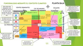 FUNCIONALIDAD MEDIANTE EL CONTEXTO CLIMATICO
EJE PRINCIPAL
EJE SECUNDARIO
Esta zona esta
designada como
pasillo de servicio
el cual es para
acceso de servicio
de gas, mudanza,
etc.
ESCALERA
El pasillo funciona como
delimitante con la
colindancia que son 1.5
mts de ancho de acuerdo
al reglamento.
Las zonas de servicio
se ubican casi en el
centro de la vivienda y
patio contra
colindancia
Al sur se ubica zonas
como la estancia,
recibidor y sala de pintar
ya que es donde mas
iluminación natural
requiere.
Al norte se ubicara la
recamara de invitados ya que
es una zona mas apartada y
privada y para evitar
demasiado asoleamiento.
Al oeste se encuentran
los accesos tanto
peatonal como
vehicular así como la
fachada principal.
Al sur esta la
fachada lateral que
da hacia la calle.
PLANTA BAJA
VIENTOS DOMINANTES
La recamara principal se encuentra
hacia el sur aprovechando la luz del
día para tener un confort lumínico.
11
11
 