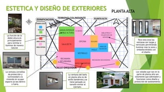 ESTETICA Y DISEÑO DE EXTERIORES PLANTA ALTA
Para esta área las
ventanas son largas y
verticales permitiendo
iluminar mas la zona y
embelleciéndola con
el diseño.
La ventana corrediza
da protección y
luminosidad a la
vivienda sin ocupar
espacio ya sea dentro
o fuera.
La ventana del baño
en planta alta es de
estilo banderola y se
tiene pensado un
tamaño similar al
ejemplo.
Los volados que van en la
parte de planta alta son
volúmenes que sobresalen y
funcionan como diseño y
protección de asoleamiento.
La función de la
doble altura es
principalmente
para ventilar e
iluminar de manera
natural
14
 