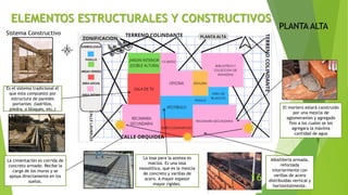 ELEMENTOS ESTRUCTURALES Y CONSTRUCTIVOS
PLANTA ALTA
Es el sistema tradicional el
que esta compuesto por
estructura de paredes
portantes (ladrillos,
piedra, o bloques, etc.)
Sistema Constructivo
La cimentación es corrida de
concreto armado. Recibe la
carga de los muros y se
apoya directamente en los
suelos.
La losa para la azotea es
maciza. Es una losa
monolítica, que es la mezcla
de concreto y varillas de
acero. A mayor espesor
mayor rigidez.
Albañilería armada,
reforzada
interiormente con
varillas de acero
distribuidas vertical y
horizontalmente.
El mortero estará construido
por una mezcla de
aglomerantes y agregado
fino a los cuales se les
agregara la máxima
cantidad de agua
16
 