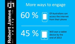 More ways to engage 
Will own a tablet 
device by the 
end of 2013 
60 % 
45 % 
Of Australians can 
access the internet 
from their phone 
 