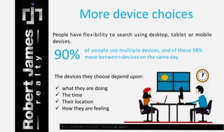 More device choices 
People have flex ibility to search using desktop, tablet or mobile 
devices. 
of people usemultiple devices, and of those 98% 
move between 90% devices on the same day. 
The devices they choose depend upon: 
 what they are doing 
 The time 
 Their location 
 How they are feeling 
 