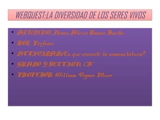 WEBQUEST:LA DIVERSIDAD DE LOS SERES VIVOSWEBQUEST:LA DIVERSIDAD DE LOS SERES VIVOS
●
ALUMNO: Jhoan Alexis Ramos Sinche
●
ROL: Profesor
●
ACTIVIDAD:¿En que consiste la nomenclatura?
●
GRADO Y SECCION: 1”B”
●
PROFESOR: William Vegazo Muro
●
ALUMNO: Jhoan Alexis Ramos Sinche
●
ROL: Profesor
●
ACTIVIDAD:¿En que consiste la nomenclatura?
●
GRADO Y SECCION: 1”B”
●
PROFESOR: William Vegazo Muro
 