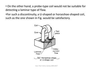 • On the other hand, a probe-type coil would not be suitable for
detecting a laminar type of flaw.
•For such a discontinuity, a U-shaped or horseshoe-shaped coil,
such as the one shown in Fig. would be satisfactory.
Asst. Prof. Vishnu Sankar,DME,RSET
 