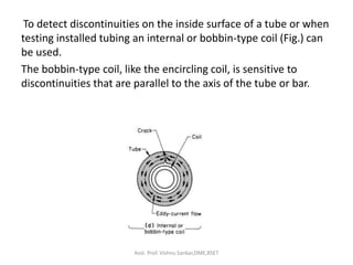 To detect discontinuities on the inside surface of a tube or when
testing installed tubing an internal or bobbin-type coil (Fig.) can
be used.
The bobbin-type coil, like the encircling coil, is sensitive to
discontinuities that are parallel to the axis of the tube or bar.
Asst. Prof. Vishnu Sankar,DME,RSET
 