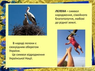 В народі лелеки є
своєрідним оберегом
України.
Це символ відродження
Української Нації.
ЛЕЛЕКА – символ
народження, сімейного
благополуччя, любові
до рідної землі.
 