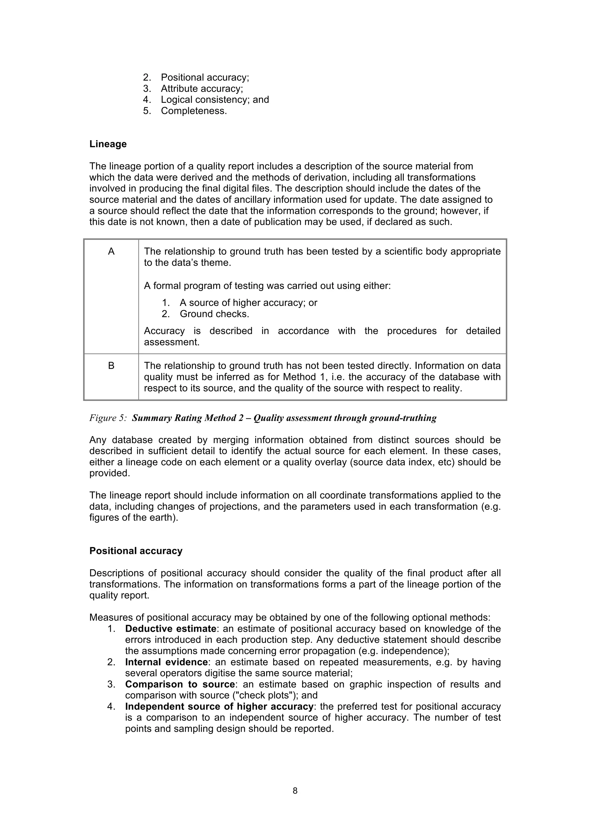 8
2. Positional accuracy;
3. Attribute accuracy;
4. Logical consistency; and
5. Completeness.
Lineage
The lineage portion of a quality report includes a description of the source material from
which the data were derived and the methods of derivation, including all transformations
involved in producing the final digital files. The description should include the dates of the
source material and the dates of ancillary information used for update. The date assigned to
a source should reflect the date that the information corresponds to the ground; however, if
this date is not known, then a date of publication may be used, if declared as such.
A The relationship to ground truth has been tested by a scientific body appropriate
to the data’s theme.
A formal program of testing was carried out using either:
1. A source of higher accuracy; or
2. Ground checks.
Accuracy is described in accordance with the procedures for detailed
assessment.
B The relationship to ground truth has not been tested directly. Information on data
quality must be inferred as for Method 1, i.e. the accuracy of the database with
respect to its source, and the quality of the source with respect to reality.
Figure 5: Summary Rating Method 2 – Quality assessment through ground-truthing
Any database created by merging information obtained from distinct sources should be
described in sufficient detail to identify the actual source for each element. In these cases,
either a lineage code on each element or a quality overlay (source data index, etc) should be
provided.
The lineage report should include information on all coordinate transformations applied to the
data, including changes of projections, and the parameters used in each transformation (e.g.
figures of the earth).
Positional accuracy
Descriptions of positional accuracy should consider the quality of the final product after all
transformations. The information on transformations forms a part of the lineage portion of the
quality report.
Measures of positional accuracy may be obtained by one of the following optional methods:
1. Deductive estimate: an estimate of positional accuracy based on knowledge of the
errors introduced in each production step. Any deductive statement should describe
the assumptions made concerning error propagation (e.g. independence);
2. Internal evidence: an estimate based on repeated measurements, e.g. by having
several operators digitise the same source material;
3. Comparison to source: an estimate based on graphic inspection of results and
comparison with source ("check plots"); and
4. Independent source of higher accuracy: the preferred test for positional accuracy
is a comparison to an independent source of higher accuracy. The number of test
points and sampling design should be reported.
 
