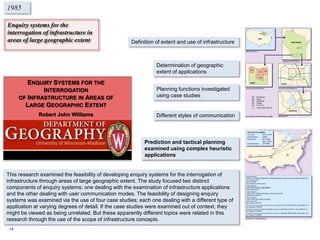 Enquiry systems for the
interrogation of infrastructure in
areas of large geographic extent
1985
Definition of extent and use of infrastructure
Determination of geographic
extent of applications
Planning functions investigated
using case studies
Different styles of communication
Prediction and tactical planning
examined using complex heuristic
applications
This research examined the feasibility of developing enquiry systems for the interrogation of
infrastructure through areas of large geographic extent. The study focused two distinct
components of enquiry systems; one dealing with the examination of infrastructure applications
and the other dealing with user communication modes. The feasibility of designing enquiry
systems was examined via the use of four case studies; each one dealing with a different type of
application at varying degrees of detail. If the case studies were examined out of context, they
might be viewed as being unrelated. But these apparently different topics were related in this
research through the use of the scope of infrastructure concepts.
ENQUIRY SYSTEMS FOR THE
INTERROGATION
OF INFRASTRUCTURE IN AREAS OF
LARGE GEOGRAPHIC EXTENT
Robert John Williams
14
 