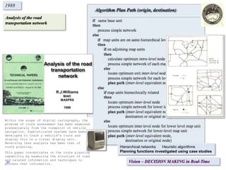Analysis of the road
transportation network
1988
Within the scope of digital cartography, the
problem of route assessment has been examined
predominately from the viewpoint of vehicle
navigation. Sophisticated systems have been
developed to track a vehicle’s route and
display this on a visual display unit.
Receiving less analysis has been that of
route planning.
This paper concentrates on the route planning
capability by examining the structure of road
and related information and techniques to
process that information.
Hierarchical networks Heuristic algorithms
Planning functions investigated using case studies
Vision – DECISION MAKING in Real-Time
Analysis of the road
transportation
network
R.J.Williams
MAIC
MASPRS
1988
20
 