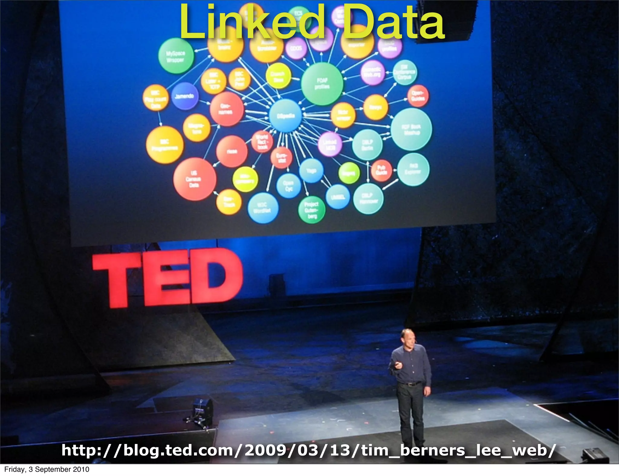 Linked Data




                http://blog.ted.com/2009/03/13/tim_berners_lee_web/
Friday, 3 September 2010
 