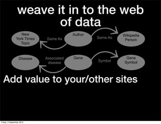 weave it in to the web
                        of data
                   New                    Author             Wikipedia
                York Times   Same As               Same As
                                                              Person
                  Topic



                  Disease    Associated   Gene                Gene
                                                   Symbol    Symbol
                              disease



  Add value to your/other sites



Friday, 3 September 2010
 