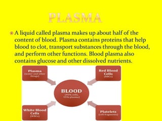  A liquid called plasma makes up about half of the
content of blood. Plasma contains proteins that help
blood to clot, transport substances through the blood,
and perform other functions. Blood plasma also
contains glucose and other dissolved nutrients.
 