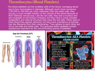  Thrombocytes (Blood Platelets)
The blood platelets are the smallest cells of the blood, averaging about
two to four micrometers in diameter. Although much more numerous
(150,000 to 400,000 per cubic millimeter) than the white cells, they
occupy a much smaller fraction of the volume of the blood because of
their relatively minute size. Like the red cells, they lack a nucleus and
are incapable of cell division (mitosis), but they have a more complex
metabolism and internal structure than have the red cells. When seen in
fresh blood they appear spheroid, but they have a tendency to extrude
hair like filaments from their membranes. They adhere to each other but
not to red cells and white cells. Tiny granules within platelets contain
substances important for the clot-promoting activity of platelets.
 