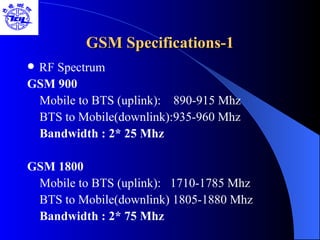 GSM Specifications-1 RF Spectrum GSM 900 Mobile to BTS (uplink):  890-915 Mhz BTS to Mobile(downlink):935-960 Mhz Bandwidth : 2* 25 Mhz  GSM 1800 Mobile to BTS (uplink):  1710-1785 Mhz BTS to Mobile(downlink) 1805-1880 Mhz Bandwidth : 2* 75 Mhz 