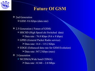 Future Of GSM
 2nd Generation
       GSM -9.6 Kbps (data rate)

 2.5 Generation ( Future of GSM)
    HSCSD (High Speed ckt Switched data)
        Data rate : 76.8 Kbps (9.6 x 8 kbps)
    GPRS (General Packet Radio service)

        Data rate: 14.4 - 115.2 Kbps
    EDGE (Enhanced data rate for GSM Evolution)

        Data rate: 547.2 Kbps (max)
 3 Generation
    WCDMA(Wide band CDMA)

        Data rate : 0.348 – 2.0 Mbps
 